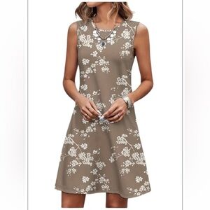 Floral Sleeveless Dress - Mocha Brown and White